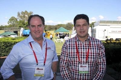 Kerwee's Lachie Hart, left, with Iranda Beef's Paul Vogt at BeefEx yesterday.